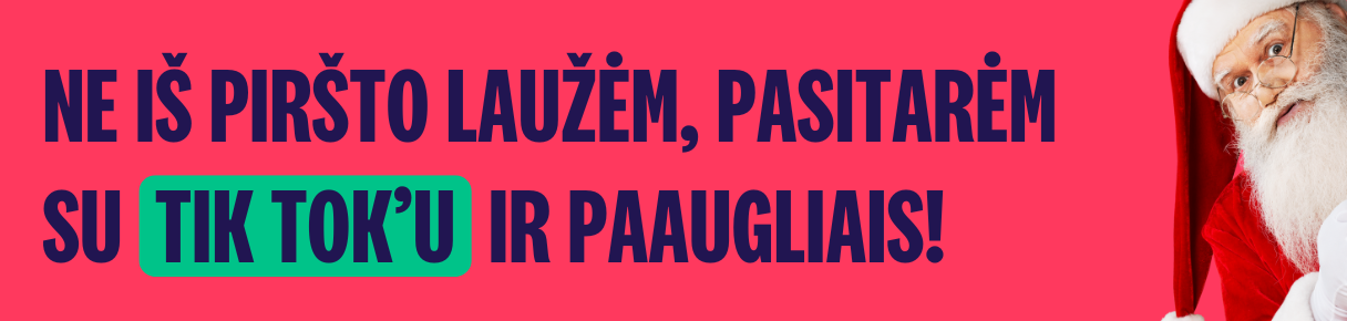 Ne iš piršto laužėm, pasitarėm su TikTok'u ir paaugliais! Kalėdų Senelis rožiniame fone žiūri į žiūrovą.