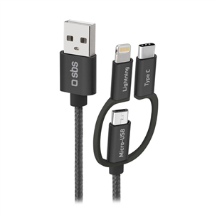 SBS USB / Micro USB, USB-C, Lightning, juodas - USB laidas TECABLEUSBIP531BW