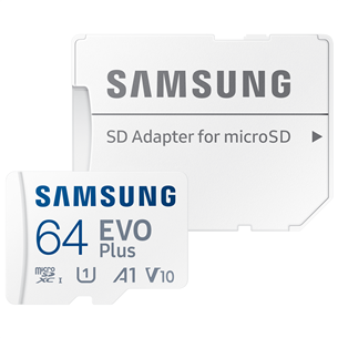 Samsung EVO Plus, microSDXC, 64 GB, balta - Atminties kortelė ir adapteris MB-MC64SA/EU