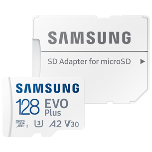 Samsung EVO Plus, microSDXC, 128 GB, balta - Atminties kortelė ir adapteris