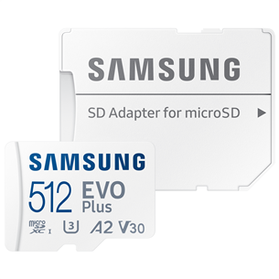 Samsung EVO Plus, microSDXC, 512 GB, balta - Atminties kortelė ir adapteris MB-MC512SA/EU