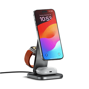 Satechi 3-in-1 Foldable Qi2 Wireless Charging Stand, pilka - Belaidžio įkrovimo stotelė