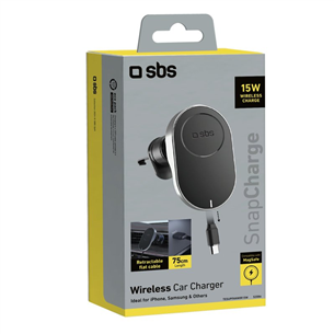 SBS 15W Car Holder, Magsafe, втягивающийся кабель, черный - Автомобильное беспроводное зарядное устройство