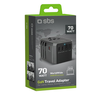 SBS GaN universal travel adapter, 70 W, juodas - Adapteris