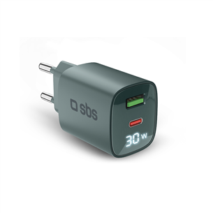 Adapteris SBS LCD Wall Charger, USB-A, USB-C, LCD, 30 W, šviesiai mėlynas TETRGANLCD1USB1C30A