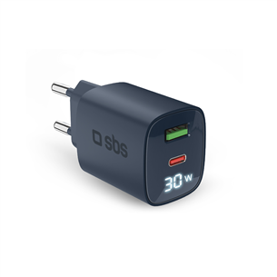 Adapteris SBS LCD Wall Charger, USB-A, USB-C, LCD, 30 W, mėlynas TETRGANLCD1USB1C30B