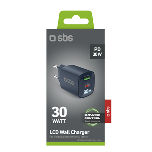 SBS LCD Wall Charger, USB-A, USB-C, LCD, 30 W, blue - Wall charger