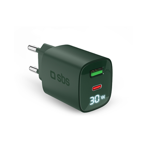 Adapteris SBS LCD Wall Charger, USB-A, USB-C, LCD, 30 W, žalias TETRGANLCD1USB1C30G