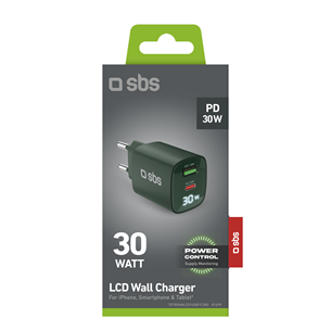 SBS LCD Wall Charger, USB-A, USB-C, LCD, 30 Вт, зеленый - Зарядное устройство