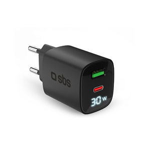 Adapteris SBS LCD Wall Charger, USB-A, USB-C, LCD, 30 W, juodas TETRGANLCD1USB1C30K