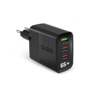 Adapteris SBS LCD Wall Charger, USB-A, 2x USB-C, LCD, 65 W, juodas TETRGANLCD1USB2C65K