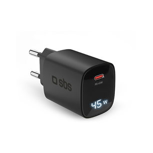 Adapteris SBS LCD Wall Charger, USB-C, LCD, 45 W, juodas TETRGANLCD1C45K