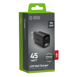 SBS LCD Wall Charger, USB-C, LCD, 45 W, black - Wall charger