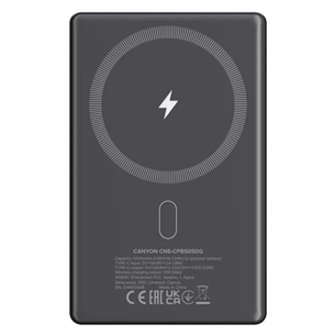 Canyon OnCharge 505 Slim Magsafe, 5000 mAh, wireless charging, USB-C, dark gray - Powerbank